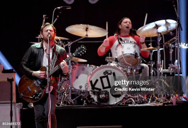 Caleb Followill and Nathan Followill of Kings of Leon perform onstage during the 2017 iHeartRadio Music Festival at T-Mobile Arena on September 23,...