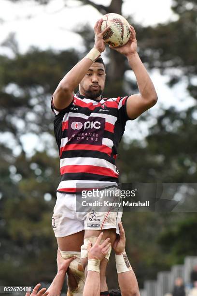 Jimmy Tupou of Counties Manukau takes a lineout during the round six Mitre 10 Cup match between Bay of Plenty and Counties Manukau Tauranga Domain on...