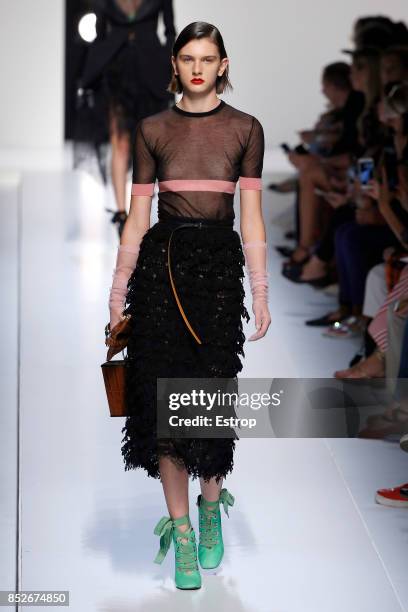 Model walks the runway at the Ermanno Scervino show during Milan Fashion Week Spring/Summer 2018 on September 23, 2017 in Milan, Italy.