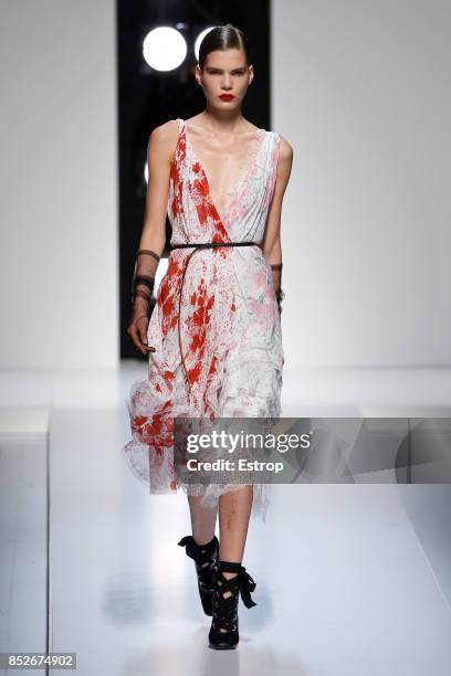 Model walks the runway at the Ermanno Scervino show during Milan Fashion Week Spring/Summer 2018 on September 23, 2017 in Milan, Italy.