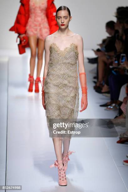 Model walks the runway at the Ermanno Scervino show during Milan Fashion Week Spring/Summer 2018 on September 23, 2017 in Milan, Italy.