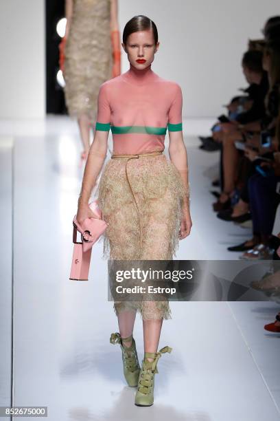 Model walks the runway at the Ermanno Scervino show during Milan Fashion Week Spring/Summer 2018 on September 23, 2017 in Milan, Italy.