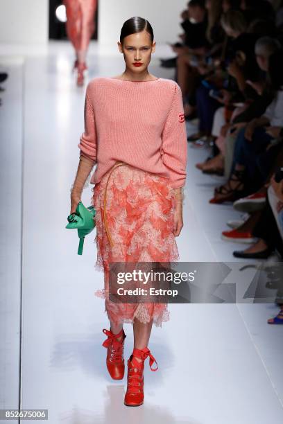 Model walks the runway at the Ermanno Scervino show during Milan Fashion Week Spring/Summer 2018 on September 23, 2017 in Milan, Italy.