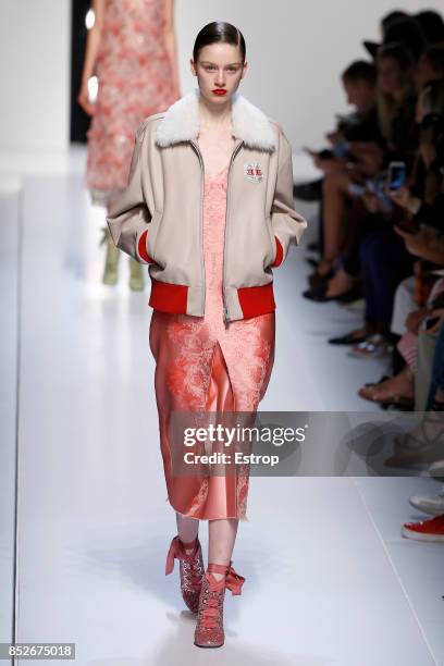 Model walks the runway at the Ermanno Scervino show during Milan Fashion Week Spring/Summer 2018 on September 23, 2017 in Milan, Italy.