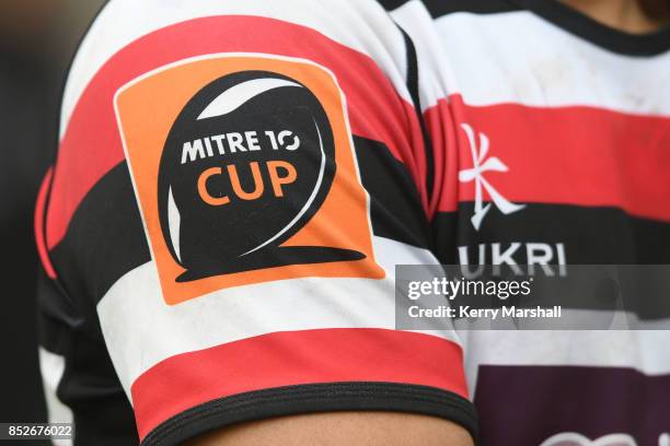 Mitre 10 cup logo during the round six Mitre 10 Cup match between Bay of Plenty and Counties Manukau Tauranga Domain on September 24, 2017 in...