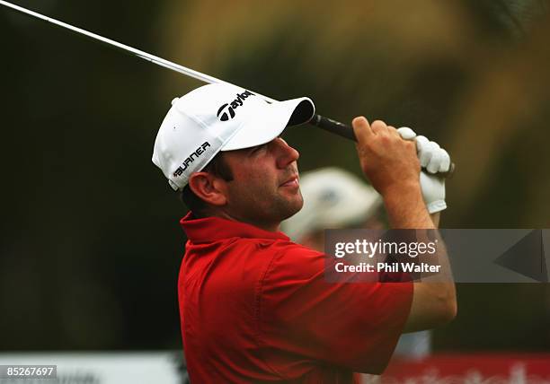 Josh Teater of the USA tees off on the 9th hole during day two of the New Zealand PGA Championship held at the Clearwater Golf Club March 06, 2009 in...