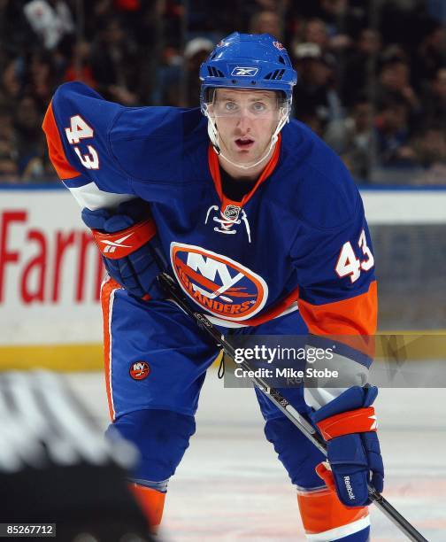 Andrew MacDonald of the New York Islanders skates against the Buffalo Sabres on February 28, 2009 at Nassau Coliseum in Uniondale, New York....