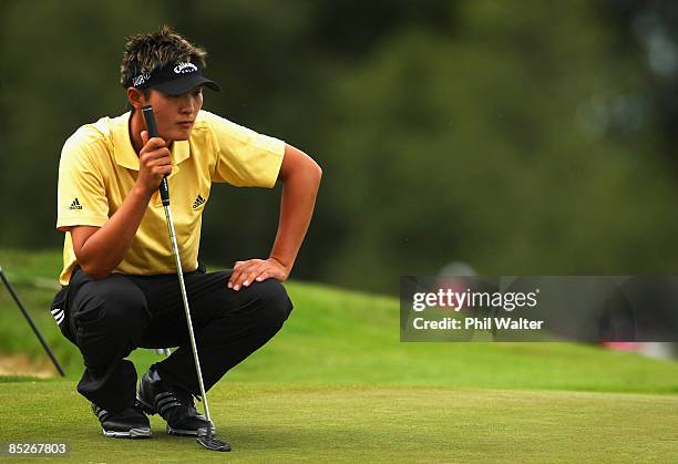 Danny Lee of New Zealand lines up his putt on the 8th hole during day two of the New Zealand PGA Championship held at the Clearwater Golf Club March...