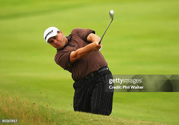 Andrew Searle of New Zealand plays off the fairway on the 17th hole during day two of the New Zealand PGA Championship held at the Clearwater Golf...