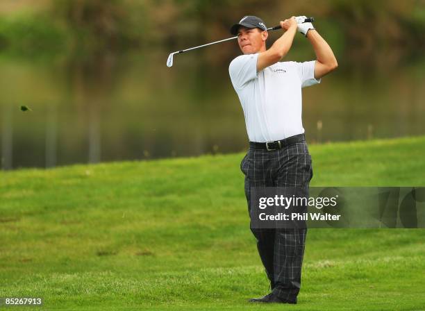 Phil Tataurangi of New Zealand plays an approach shot on the 8th hole during day two of the New Zealand PGA Championship held at the Clearwater Golf...