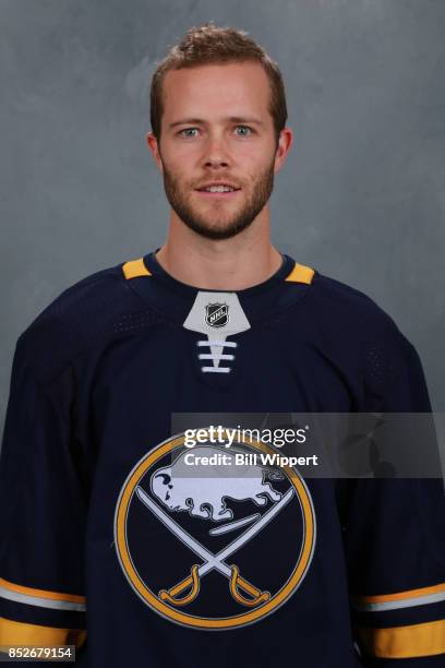 Cody Goloubef of the Buffalo Sabres poses for his official headshot for the 2017-2018 season on September 14, 2017 at the KeyBank Center in Buffalo,...