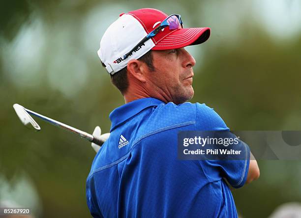 Jeff Gallagher of the USA tees off on the 9th hole during day two of the New Zealand PGA Championship held at the Clearwater Golf Club March 06, 2009...