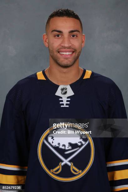 Justin Bailey of the Buffalo Sabres poses for his official headshot for the 2017-2018 season on September 14, 2017 at the KeyBank Center in Buffalo,...