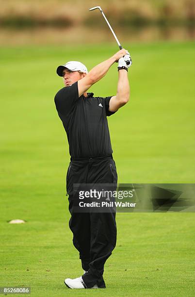 Garrett Osborn of the USA plays off the 8th fairway during day two of the New Zealand PGA Championship held at the Clearwater Golf Club March 06,...