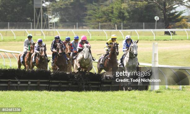 Don't Be Shy ridden by Lee Horner jumps during the TAC Adam Lindsay Gordon Hurdle at Coleraine Racecourse on September 24, 2017 in Coleraine,...
