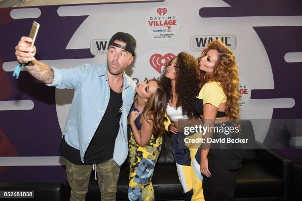 Billy The Kidd with Jade Thirlwall, Leigh-Anne Pinnock and Jesy Nelson of Little Mix backstage during the Daytime Village Presented by Capital One at...