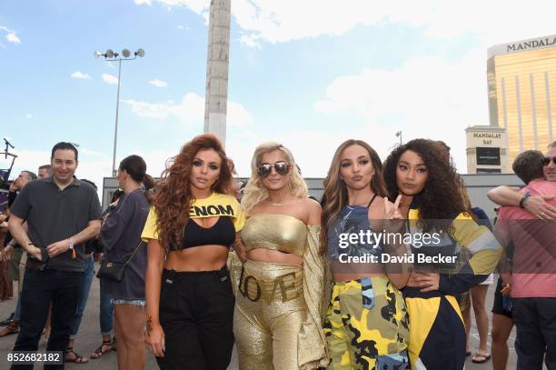 Jesy Nelson of Little Mix, Bebe Rexha with Jade Thirlwall and Leigh-Anne Pinnock of Little Mix backstage during the Daytime Village Presented by...