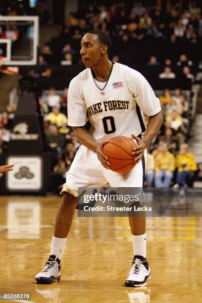 Jeff Teague of the Wake Forest Demon Deacons holds the ball during the game against the Florida State Seminoles at Lawrence Joel Coliseum on February...