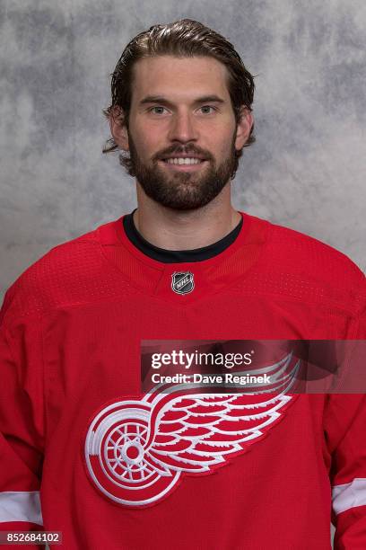 Eric Tangradi of the Detroit Red Wings has his official NHL head shot taken at Centre Ice Arena on September 14, 2017 in Traverse City, Michigan.