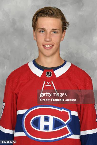 Lukas Vejdemo of the Montreal Canadiens poses for his official headshot for the 2017-2018 season on September 14, 2017 at the Bell Sports Complex in...