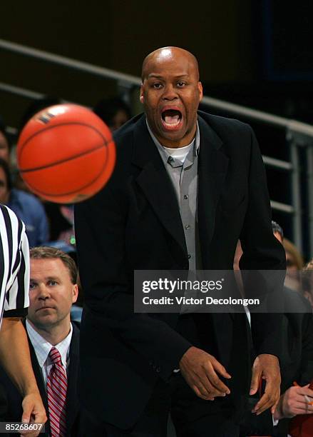 Head coach Craig Robinson of the Oregon State Beavers yells to his players during their NCAA basketball game against the UCLA Bruins in the first...