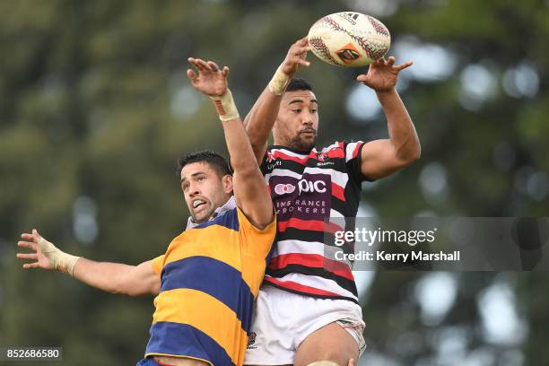 Jimmy Tupou of Counties Manukau takes a lineout during the round six Mitre 10 Cup match between Bay of Plenty and Counties Manukau Tauranga Domain on...