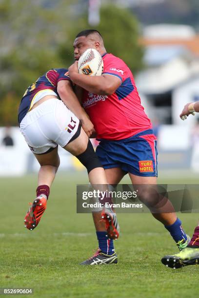 Andrew Makalio of Tasman takes on the Southland defence during the round six Mitre 10 Cup match between Tasman and Southland at Trafalgar Park on...