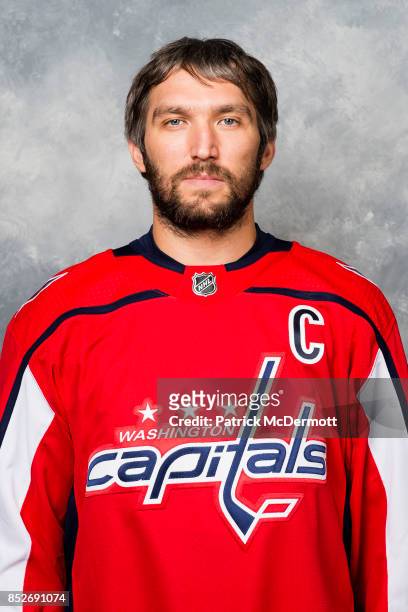 Alex Ovechkin of the Washington Capitals poses for his official headshot for the 2017-2018 season on September 14, 2017 at Kettler Capitals Iceplex...