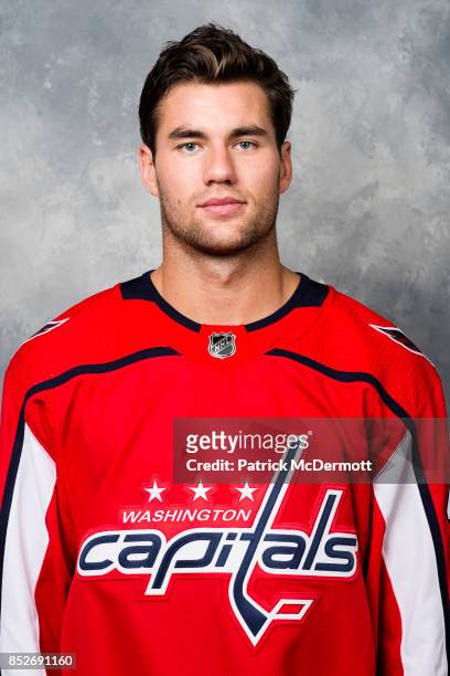 Tom Wilson of the Washington Capitals poses for his official headshot for the 2017-2018 season on September 14, 2017 at Kettler Capitals Iceplex in...