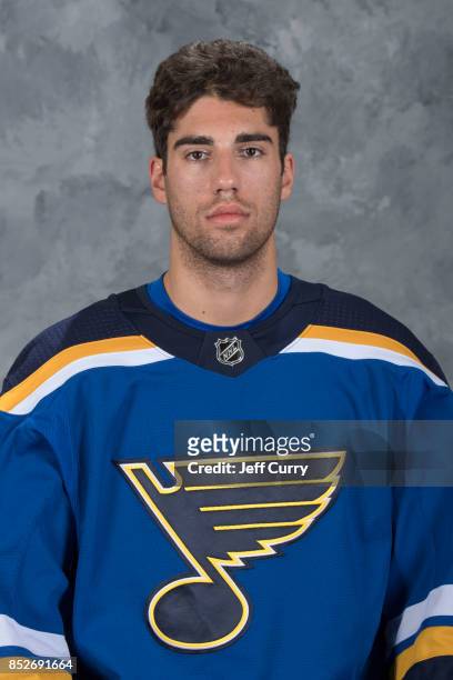 Jordan Schmaltz of the St. Louis Blues poses for his official headshot for the 2017-2018 season on September 14, 2017 in St. Louis, Missouri.