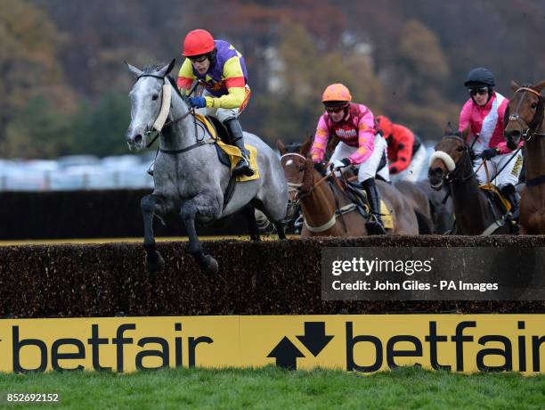 Gevrey Chambertin and Tom Scudamore on their way to victory in the Betfair Cash Out Fixed Bush Hurdle during the Betfair Chase Festival at Haydock...