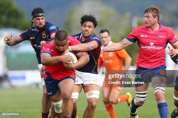 Bailyn Sullivan of Tasman gets a pass away during the round six Mitre 10 Cup match between Tasman and Southland at Trafalgar Park on September 24,...