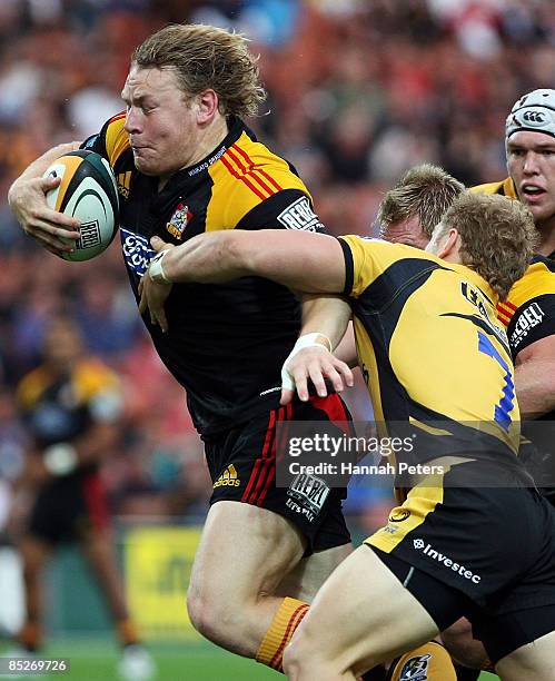 Aled de Malmanche of the Chiefs charges forward during the round four Super 14 match between the Chiefs and the Western Force at Waikato Stadium on...