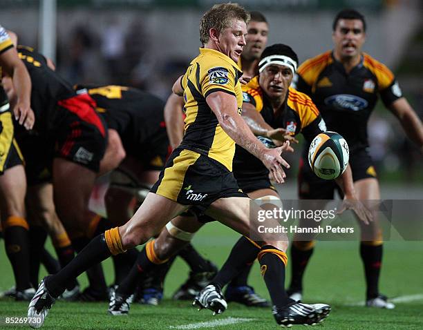 Josh Valentine of the Force kicks the ball during the round four Super 14 match between the Chiefs and the Western Force at Waikato Stadium on March...