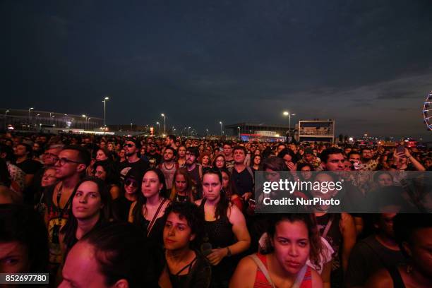 Rio de Janeiro, Brazil, September 23, 2017: Thousands of people have fun watching the shows and attractions of Rock in Rio 2017, this sixth day of...