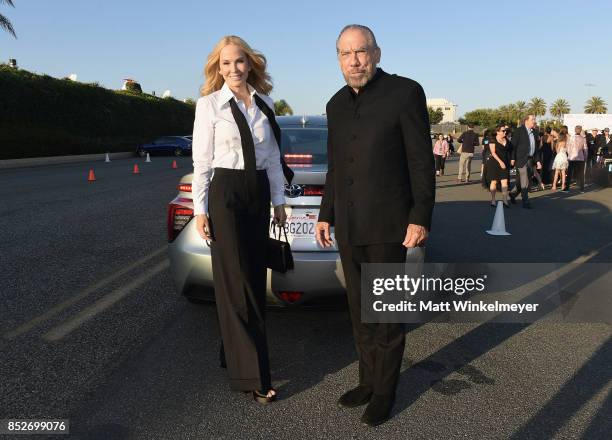 Actress Eloise Broady and John Paul Mitchell pose with the Toyora Mirai, the zero emissions car, during the 2017 EMA Awards Presented by Toyota on...