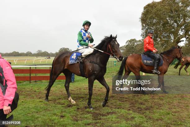 Smart Talk ridden by Harry Coffey returns after the Zero3 Communications Maiden Plate at Coleraine Racecourse on September 24, 2017 in Coleraine,...