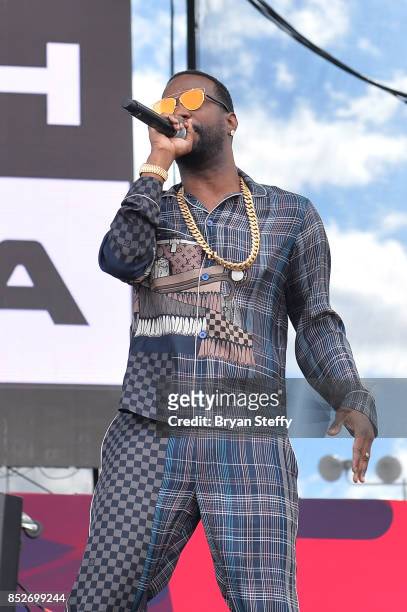 Juicy J performs onstage during the Daytime Village Presented by Capital One at the 2017 HeartRadio Music Festival at the Las Vegas Village on...