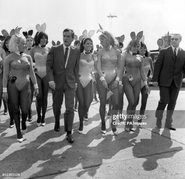 Hugh Hefner, the Playboy chief, who was met by some his bunnies when he arrived at London Airport from America. Hefner, the 40-year-old...