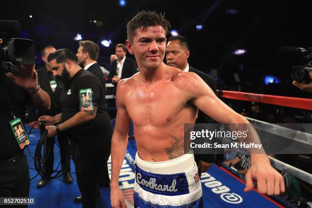 Luke Campbell of Great Britain looks on after being defeated by Jorge Linares of Venezuela by decision in their WBA lightweight title bout at The...