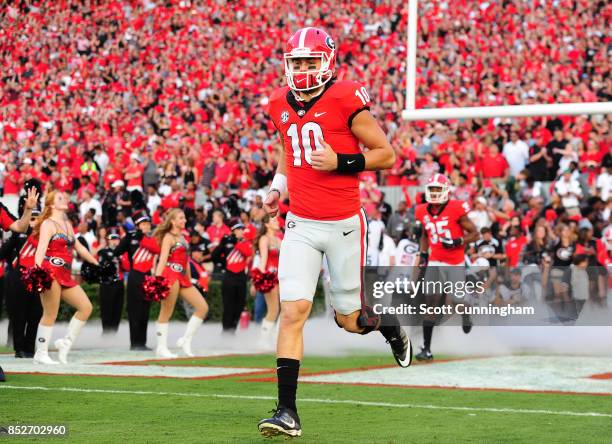 Jacob Eason of the Georgia Bulldogs takes the field before the game against the Mississippi State Bulldogs at Sanford Stadium on September 23, 2017...