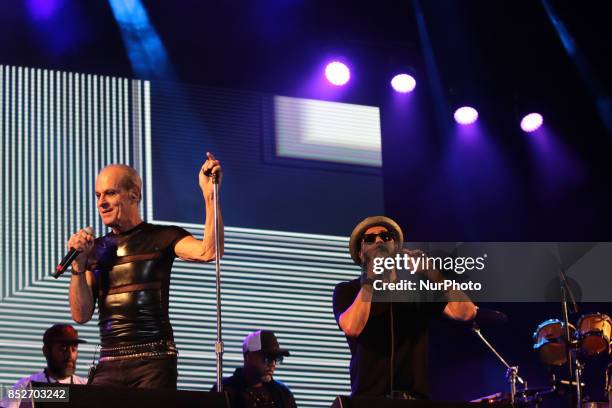 Jorge Du Peixe from Nacao Zumbi and Ney Matogrosso perform at day 5 of Rock in Rio on September 22, 2017 in Rio de Janeiro, Brazil.