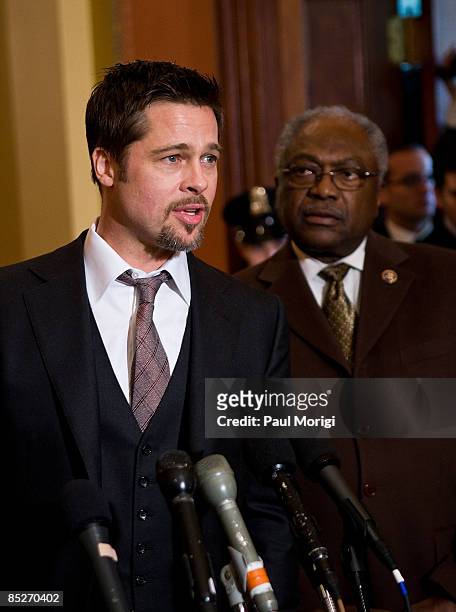 Actor Brad Pitt and Democratic Whip James Clyburn discuss the "Make it Right" project in the Speaker's Balcony Hallway in The Capital on March 5,...