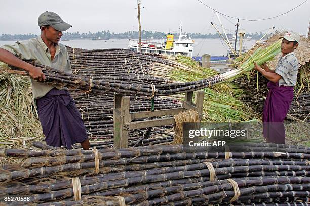 Myanmar workers unload bundles of sugar cane at the Bargayar jetty, Kyimyindaing township in Yangon on March 6, 2009. Foreign investment in...