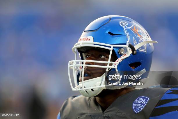 Genard Avery of the Memphis Tigers looks on before a game against the Southern Illinois Salukis on September 23, 2017 at Liberty Bowl Memorial...