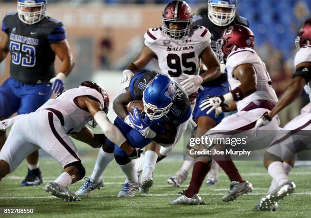 Patrick Taylor of the Memphis Tigers runs against the Southern Illinois Salukis on September 23, 2017 at Liberty Bowl Memorial Stadium in Memphis,...