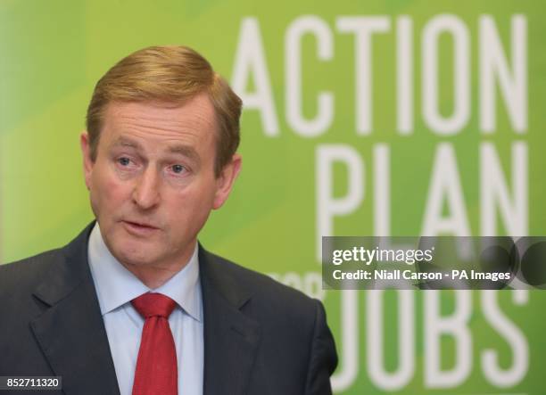 Taoiseach Enda Kenny speaking at a press conference on job creation at Government Buildings, Ireland.