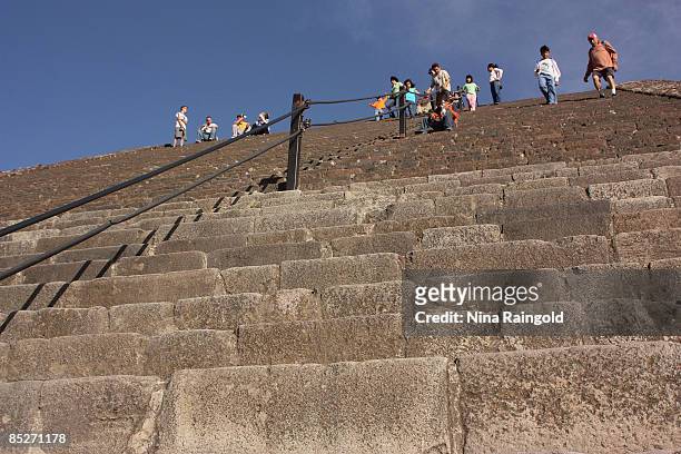 View up the stairs to the top of the Pyramid of the Sun on February 07, 2009 in Teotihuacan, Mexico. The ancient pre-hispanic site of Teotihuacan, 50...