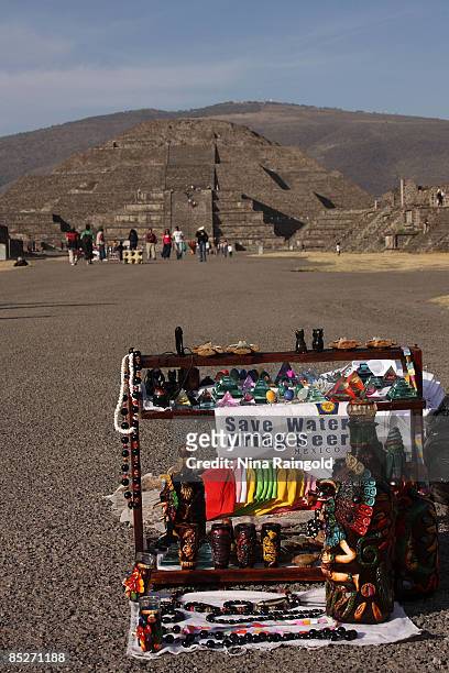 Souvenirs for sale infront of the Pyramid of the Moon on February 07, 2009 in Teotihuacan, Mexico. The ancient pre-hispanic site of Teotihuacan, 50...