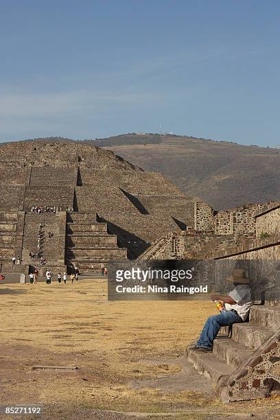 Pyramid of the Moon viewed from the Avenue of the Dead on February 07, 2009 in Teotihuacan, Mexico. The ancient pre-hispanic site of Teotihuacan, 50...